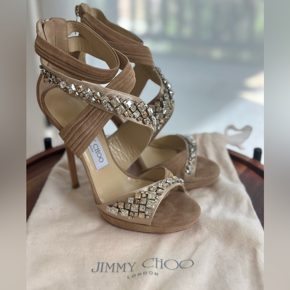 NWOT Jimmy Choo Beige Crystal Embellished Heels - Picture 2 of 8